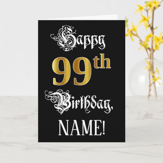 99th Birthday — Fancy Script; Faux Gold Look; Name Card (Yellow Flower)