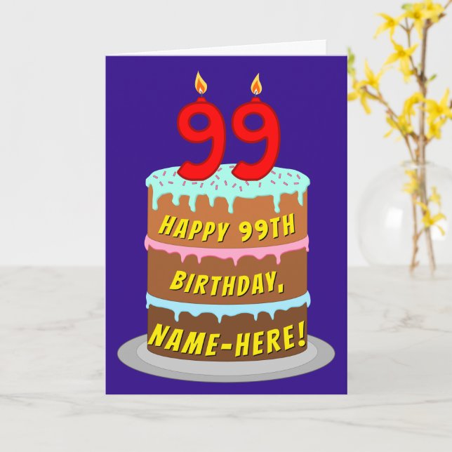 99th Birthday: Fun Cake and Candles + Custom Name Card (Yellow Flower)