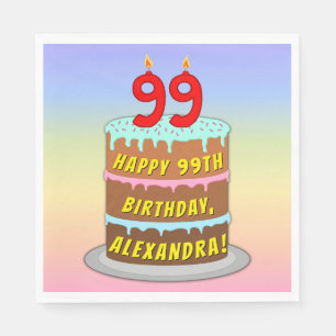 99th Birthday: Fun Cake and Candles + Custom Name Napkin
