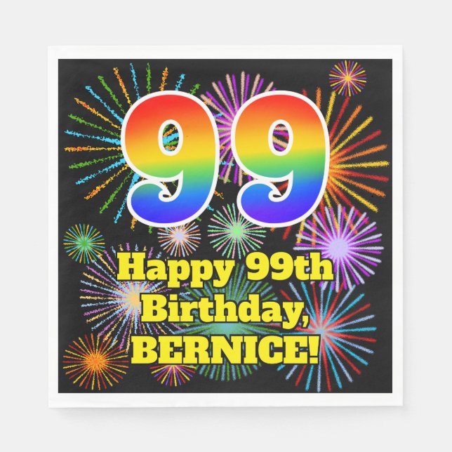 99th Birthday: Fun Fireworks Pattern + Rainbow 99 Napkin (Front)