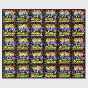 99th Birthday: Fun Fireworks, Rainbow Look # “99” Wrapping Paper