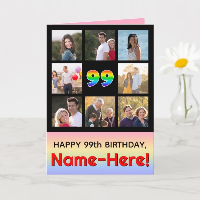 99th Birthday: Fun Rainbow #, Custom Photos + Name Card (Small Plant)