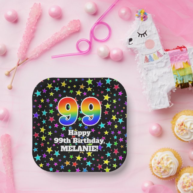 99th Birthday: Fun Stars Pattern and Rainbow “99” Paper Plate (Party)