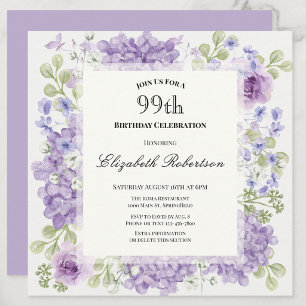 99th Birthday Invitation Elegant Purple Flowers