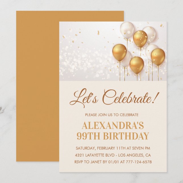 99th birthday invitations Balloons Gold (Front/Back)