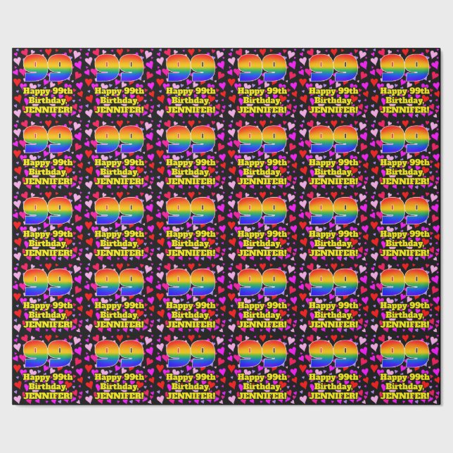 99th Birthday: Loving Hearts Pattern, Rainbow # 99 Wrapping Paper (Seam)