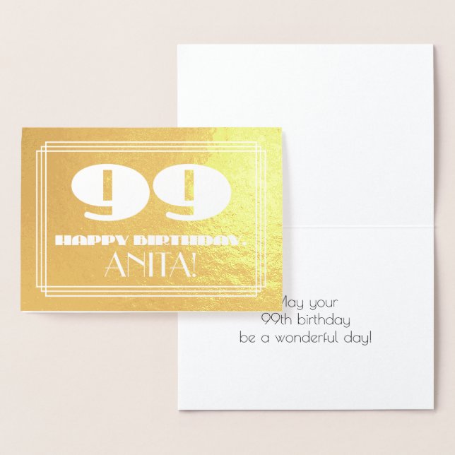 99th Birthday: Name + Art Deco Inspired Look "99" Foil Card (Display)