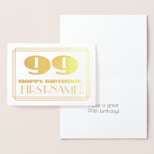 99th Birthday; Name + Art Deco Inspired Look "99" Foil Card (Display)