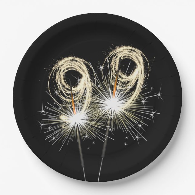 99th Birthday Party Sparklers on Black   Paper Plate (Front)
