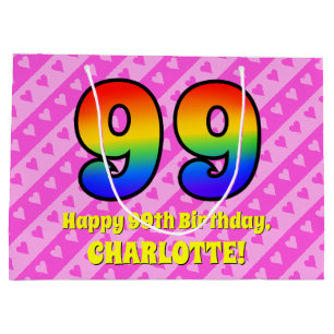 99th Birthday: Pink Stripes & Hearts, Rainbow # 99 Large Gift Bag