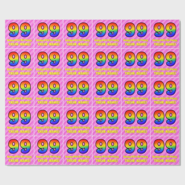 99th Birthday: Pink Stripes & Hearts, Rainbow # 99 Wrapping Paper (Flat)