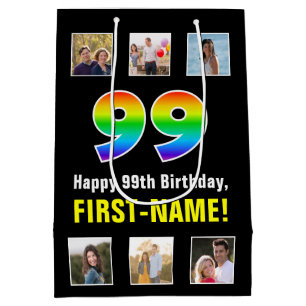 99th Birthday: Rainbow “99“, Custom Photos & Name Medium Gift Bag