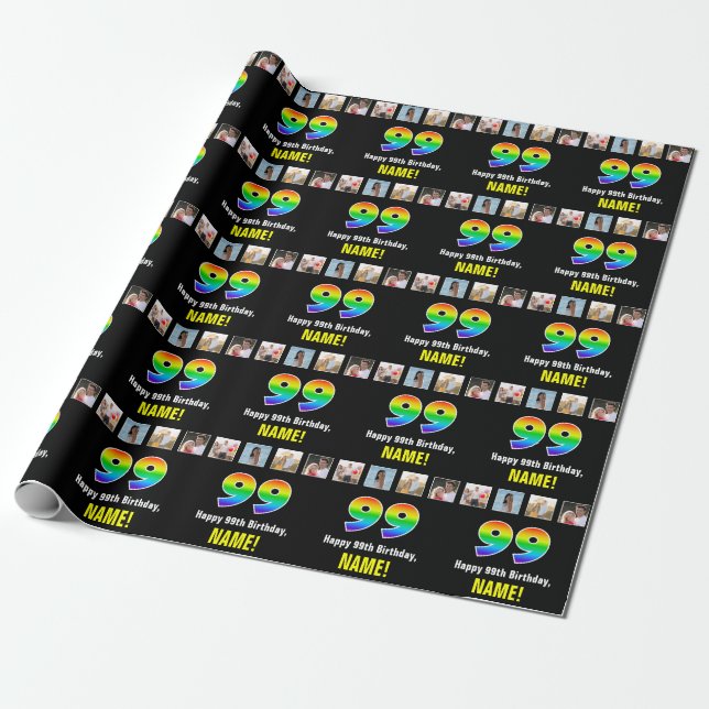 99th Birthday: Rainbow “99“; Custom Photos & Name Wrapping Paper (Unrolled)
