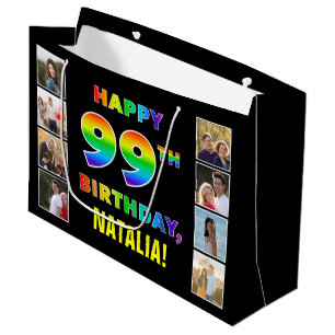 99th Birthday: Rainbow Text, Custom Photos & Name Large Gift Bag