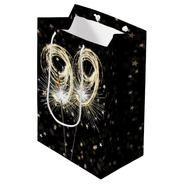 99th Birthday Sparklers on Black With Stars Medium Gift Bag (Front Angled)