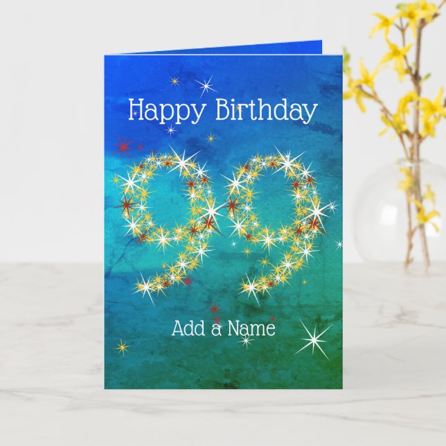 99th Birthday - Star Numbers - Blue Green - Age 99 Card (Yellow Flower)