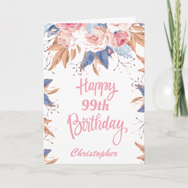 99th Birthday Watercolor Botanical Pink Floral Card (Front)