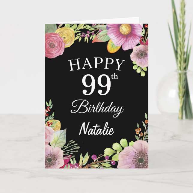 99th Birthday Watercolor Floral Flowers Black Card (Front)