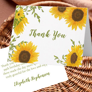 99th Birthday Watercolor Sunflowers Thank You Note Card