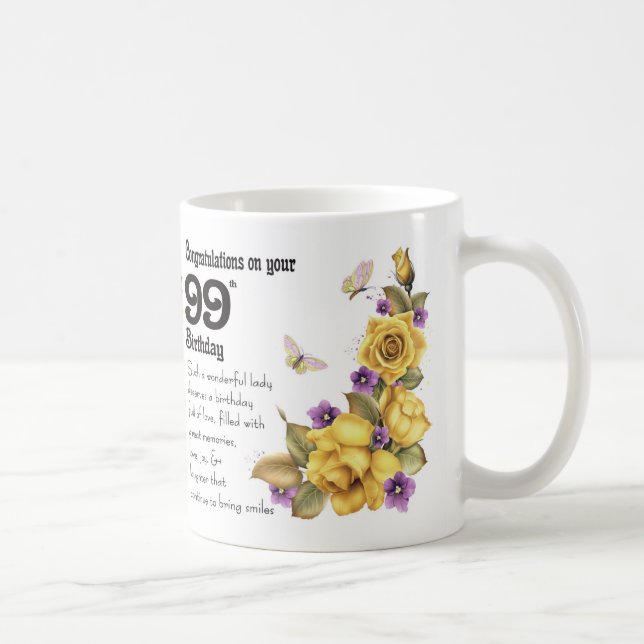 99th Birthday Yellow Rose And Butterfly Gift Mug, Coffee Mug (Right)
