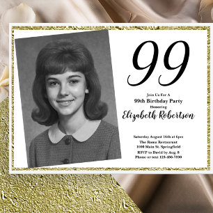 99th Custom Photo White and Gold Invitation