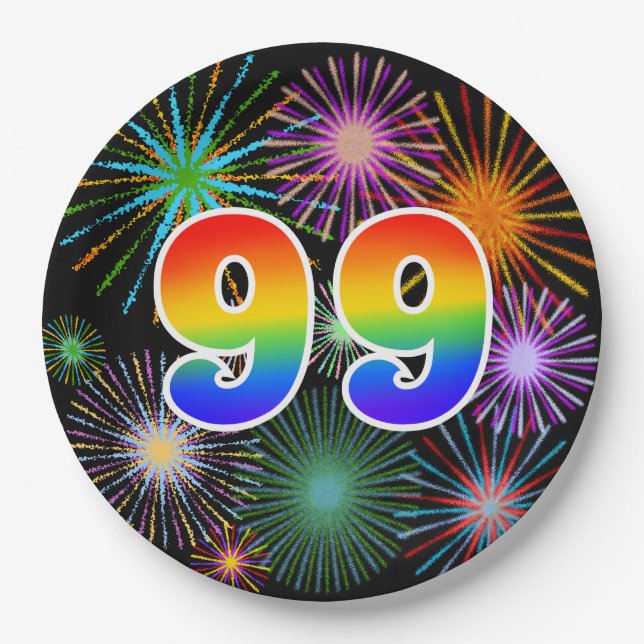 99th Event - Fun, Colourful, Bold, Rainbow 99 Paper Plate (Front)