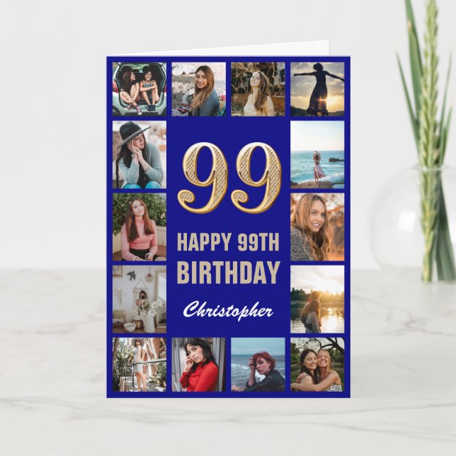 99th Happy Birthday Navy Blue & Gold Photo Collage Card (Front)