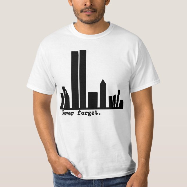 9-11 Never Forget NY Skyline Tshirts, Buttons T-Shirt (Front)