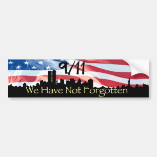 9/11 Remembered NY Skyline and Waving Flag Bumper Sticker