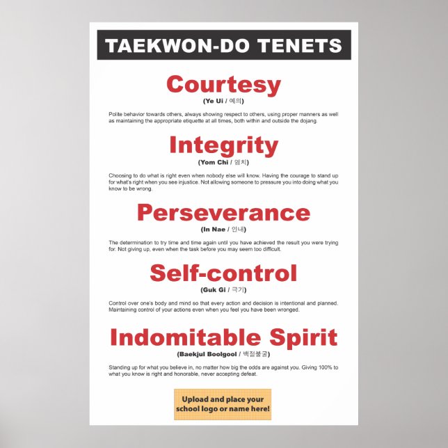 9-3 Customisable Taekwon-Do Tenets Poster (Front)