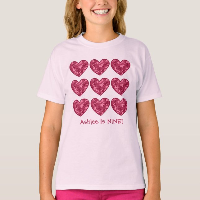 9 Birthday Girl Hearts Custom Name Pink Camo T-Shirt (Front)