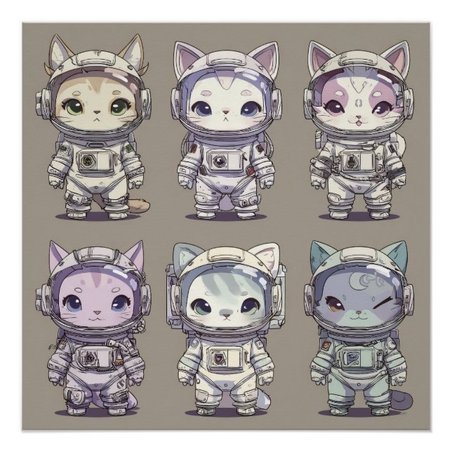 9 Chibi Astronaut Kittens Space Crew Poster (Front)