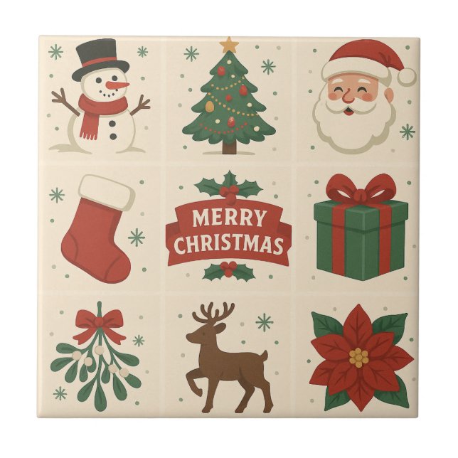 9 Cute Merry Christmas Images Ceramic Tile (Front)