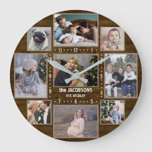 9 Family Photo Collage Custom Name Farmhouse Wood Large Clock