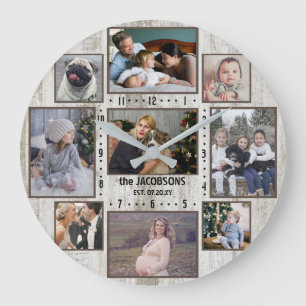 9 Family Photo Collage Farmhouse Wood Custom Name Large Clock