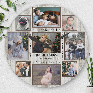 9 Family Photo Collage Farmhouse Wood Custom Name Large Clock