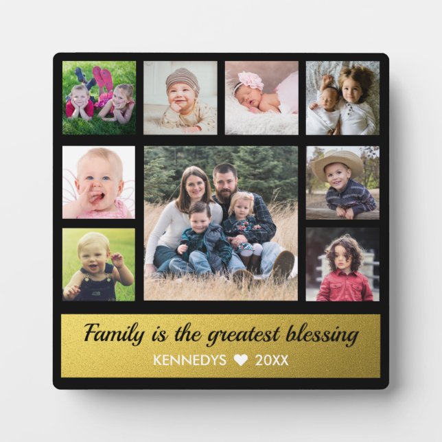 9 Family Photo Collage Quote Black And Gold Plaque (Front)