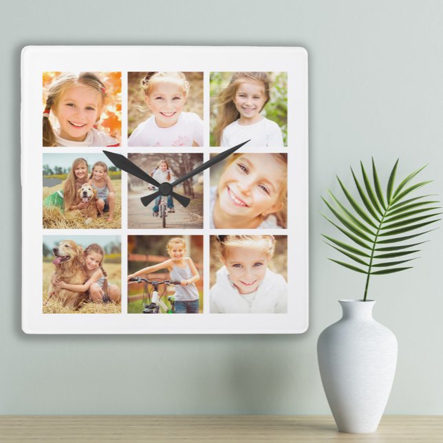9 Family Photo Collage White Square Wall Clock (Custom white 9-photo wall clock)