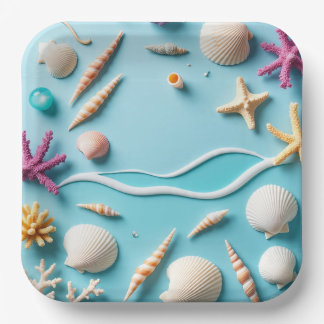 9-Inch Square Paper Plate with Sea Life Design – 