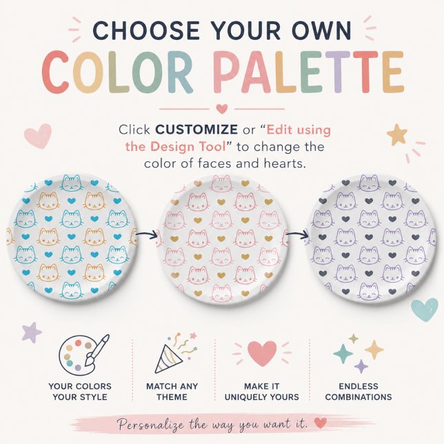 9 inch Turquoise Orange Cat Face pattern Round Paper Plate (Choose your own color palette! 
Click Customize or Edit Using the Design)