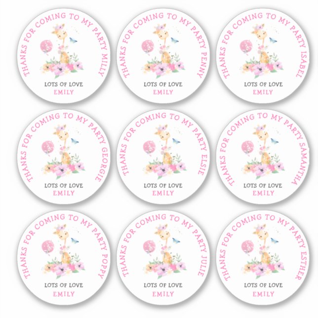 9 Individual Guest Names Kids Thank You Giraffe (Front)