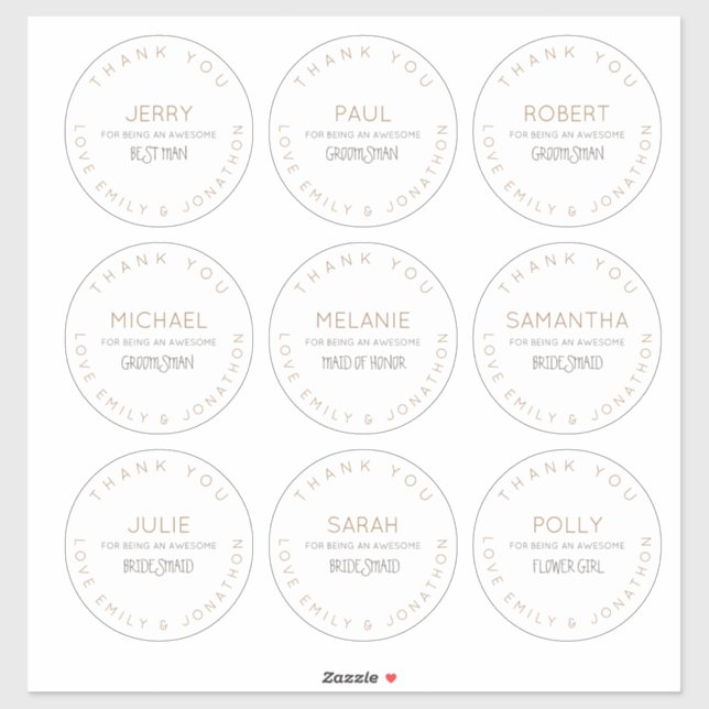 9 Individual Names Thank You Bridal Party Large (Sheet)