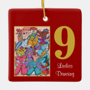 9 Ladies Dancing Cute Animals & Typography Ceramic Tree Decoration