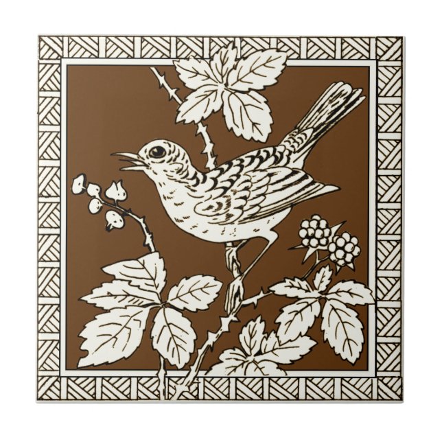 #9 of 12 Repro 1880s Minton Mocha Bird Series Ceramic Tile (Front)