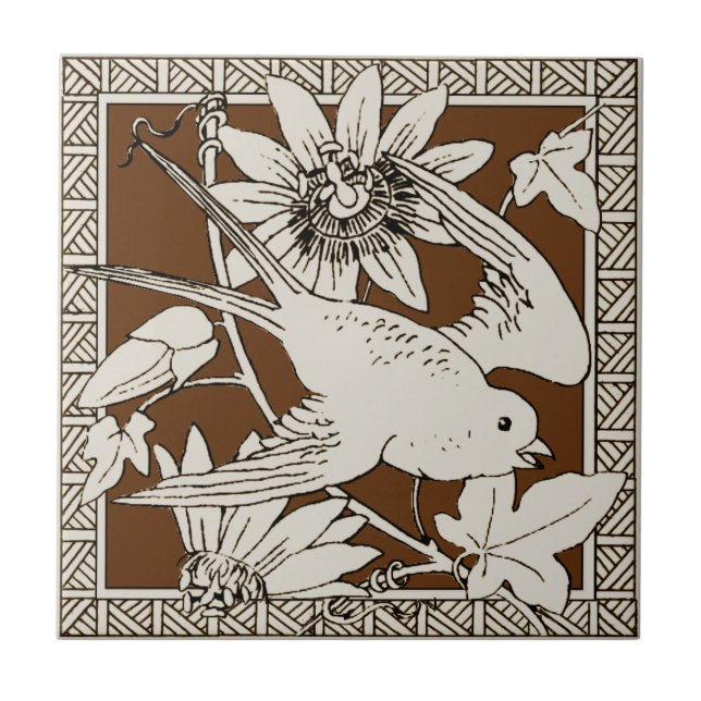 #9 of 12 Repro 1880s Minton Mocha Bird Series Ceramic Tile (Front)