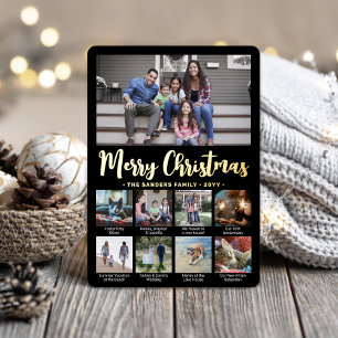 9 Photo Black Merry Christmas Modern Collage Foil Holiday Card