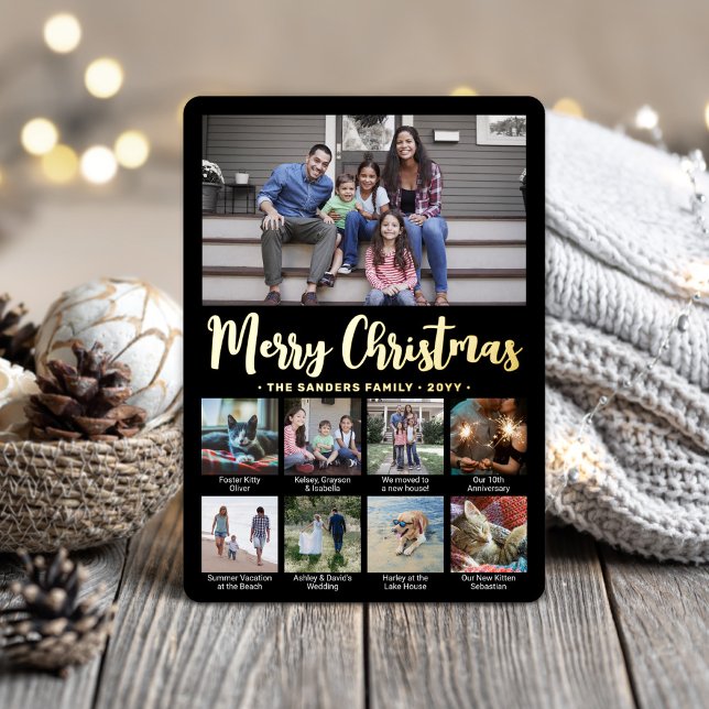 9 Photo Black Merry Christmas Modern Collage Foil Holiday Card (Creator Uploaded)