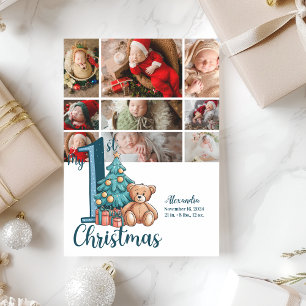 9 Photo Blue Teddy Baby 1st Christmas Holiday Card