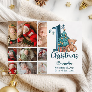 9 Photo Blue Teddy Baby 1st Christmas Holiday Card