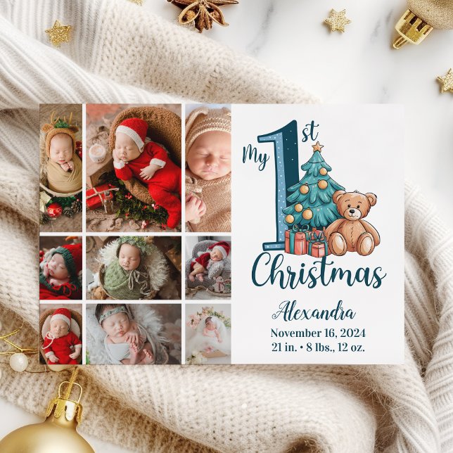 9 Photo Blue Teddy Baby 1st Christmas Holiday Card (Creator Uploaded)